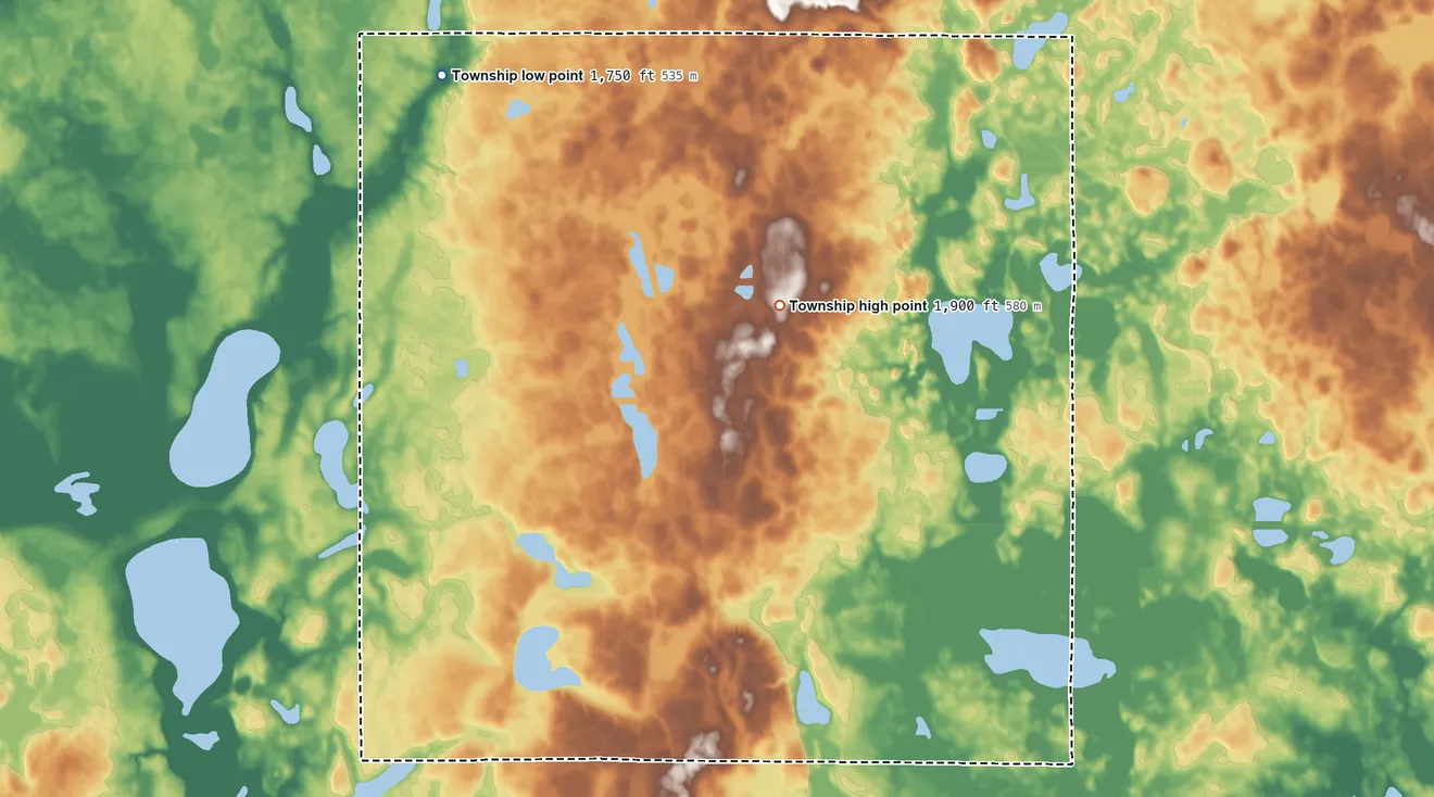Topographic elevation map of York Township, South Dakota, shaded from 1,750 ft on the northwest side to 1,900 ft on the north side