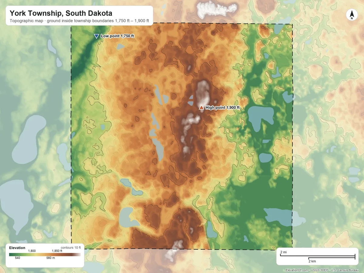 Topographic elevation map of York Township, South Dakota, shaded from 1,750 ft on the northwest side to 1,900 ft on the north side