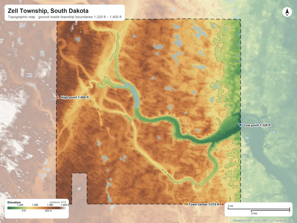Topographic elevation map of Zell Township, South Dakota, shaded from 1,320 ft on the north side to 1,400 ft on the northwest side