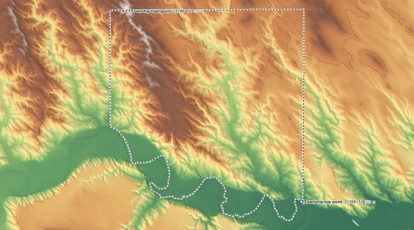 Topographic elevation map of Zickrick Township, South Dakota, shaded from 1,700 ft on the southeast side to 2,200 ft on the northwest side