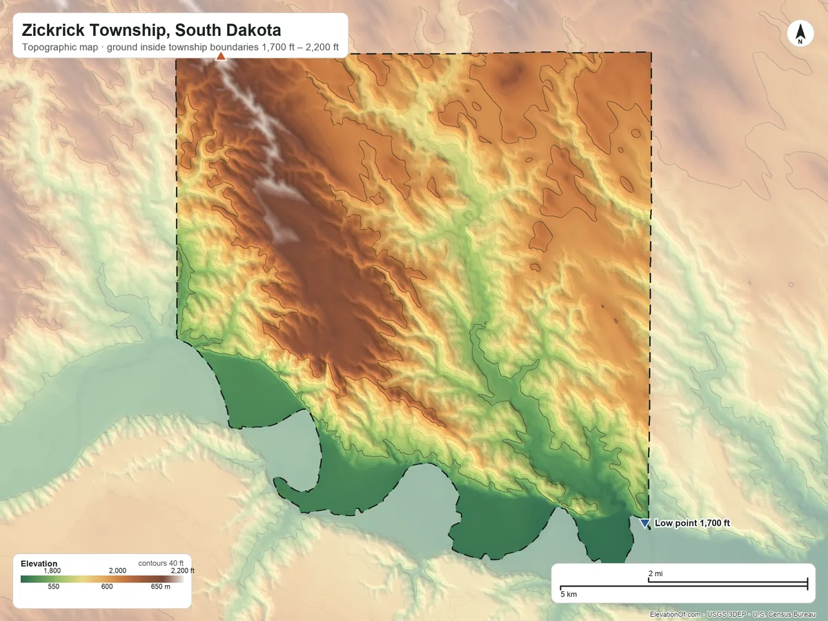 Topographic elevation map of Zickrick Township, South Dakota, shaded from 1,700 ft on the southeast side to 2,200 ft on the northwest side