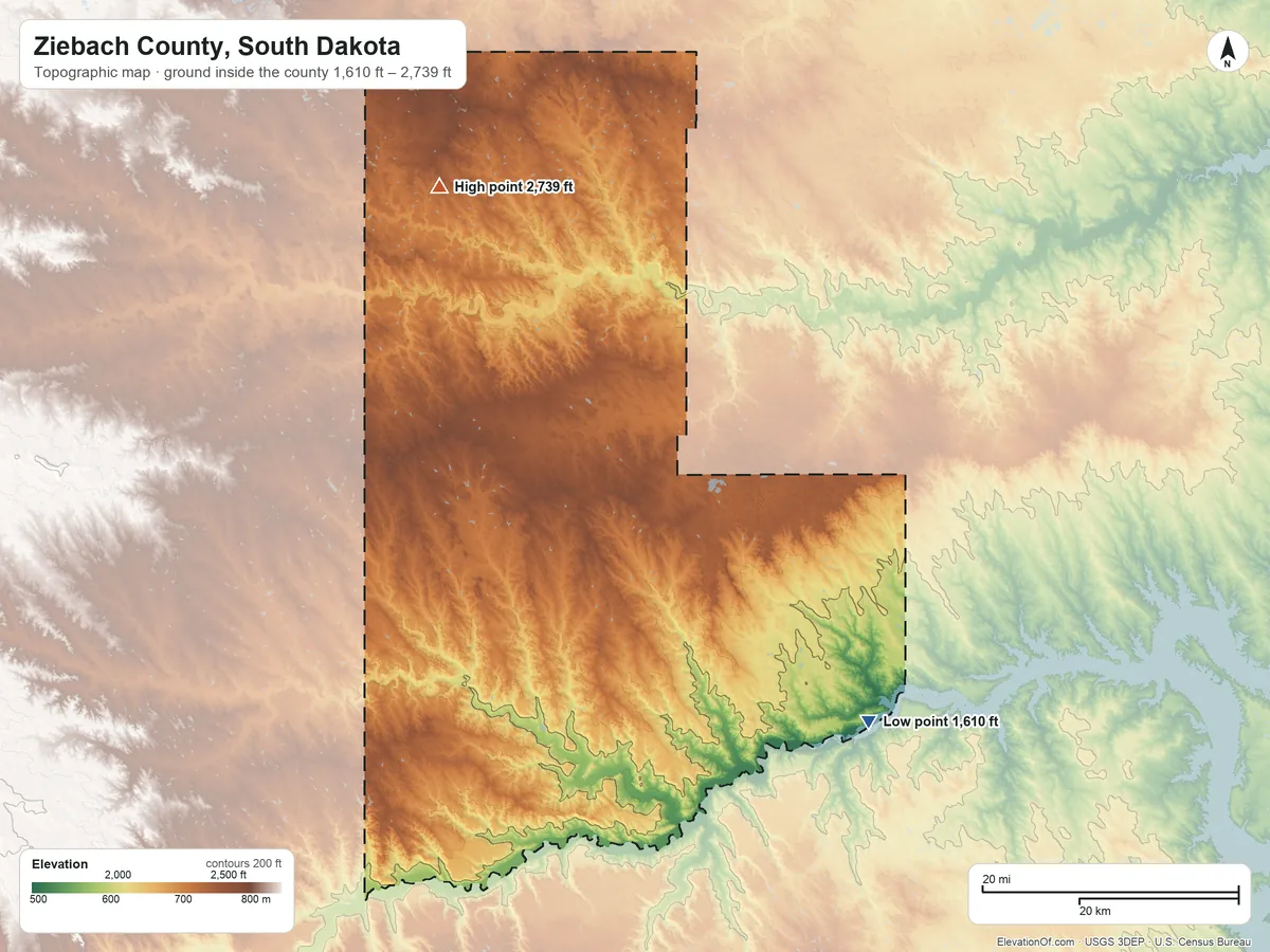 Topographic elevation map of Ziebach County, South Dakota, shaded from 1,610 ft on the southeast side to 2,739 ft on Thunder Butte