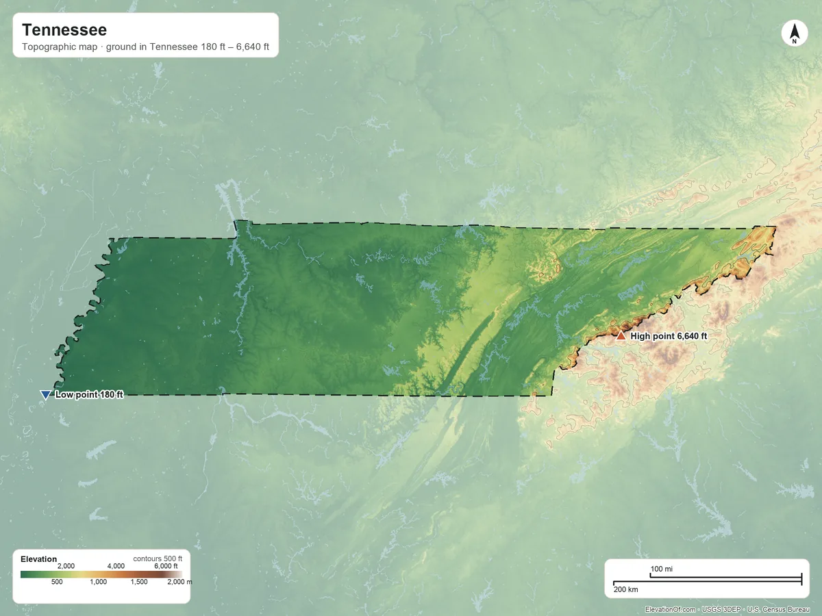 Topographic elevation map of Tennessee, shaded from 180 ft on the west side to 6,640 ft on Kuwohi