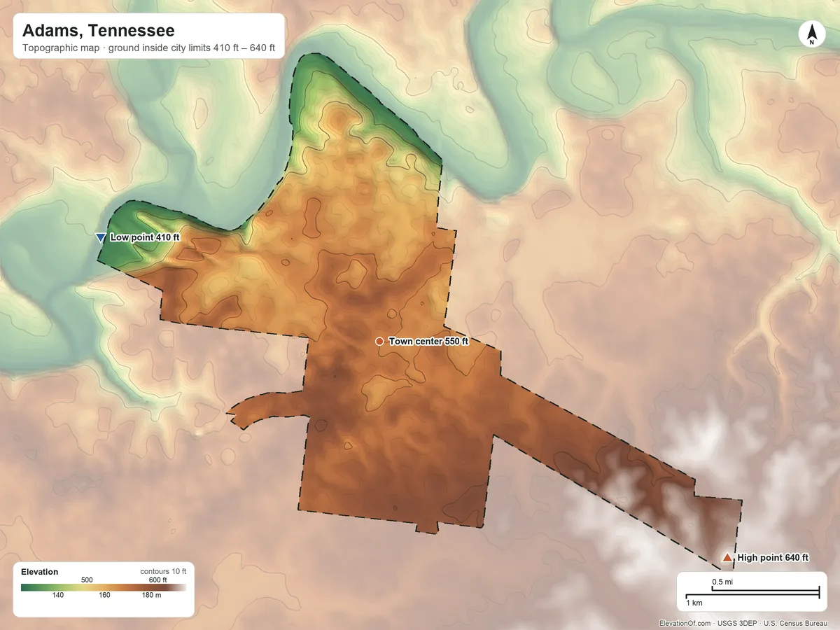 Topographic elevation map of Adams, Tennessee, shaded from 410 ft on the west side to 640 ft on the southeast side