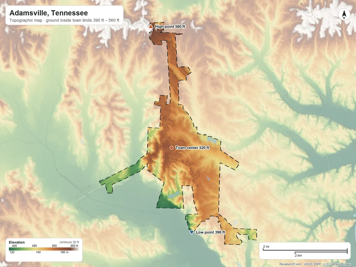 Topographic elevation map of Adamsville, Tennessee, shaded from 390 ft on the south side to 560 ft on the north side