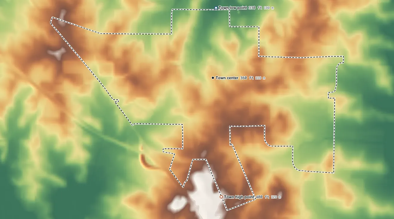 Topographic elevation map of Alamo, Tennessee, shaded from 330 ft on the north side to 400 ft on the south side
