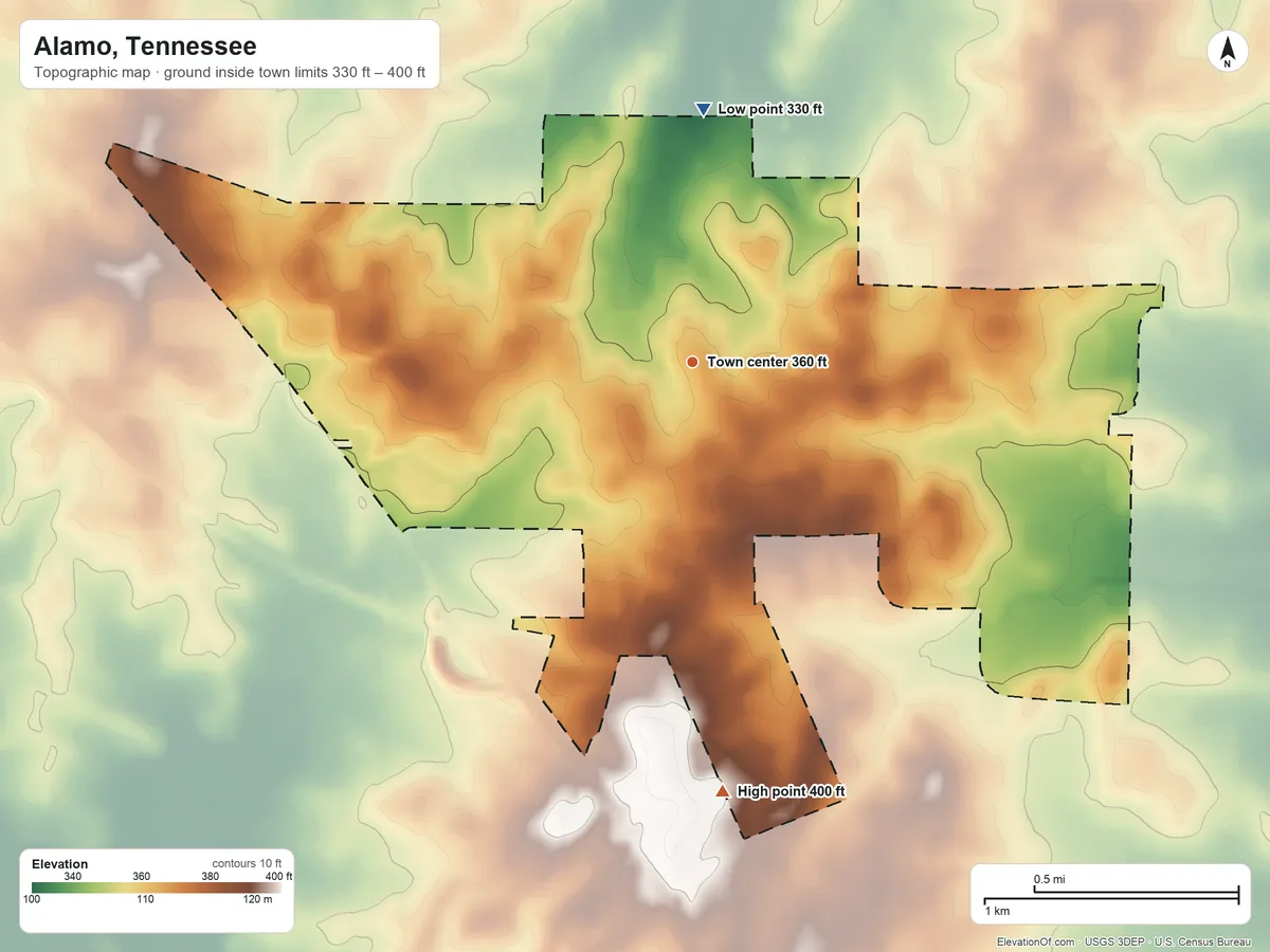 Topographic elevation map of Alamo, Tennessee, shaded from 330 ft on the north side to 400 ft on the south side