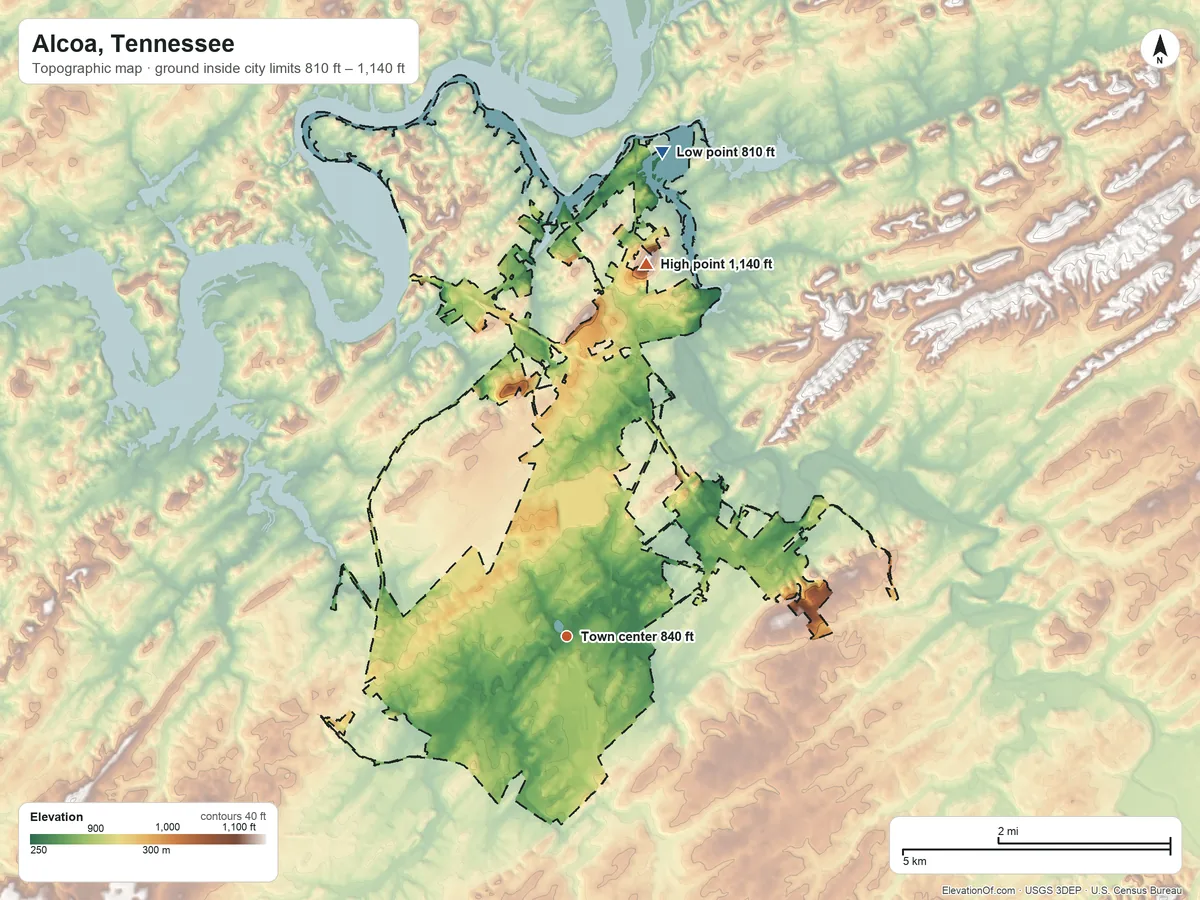 Topographic elevation map of Alcoa, Tennessee, shaded from 810 ft on the north side to 1,140 ft on Red Hill