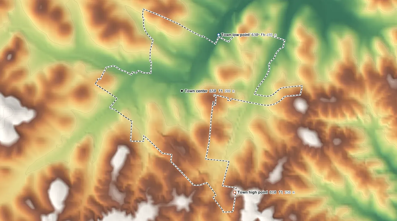 Topographic elevation map of Alexandria, Tennessee, shaded from 630 ft on the northeast side to 810 ft on the southeast side