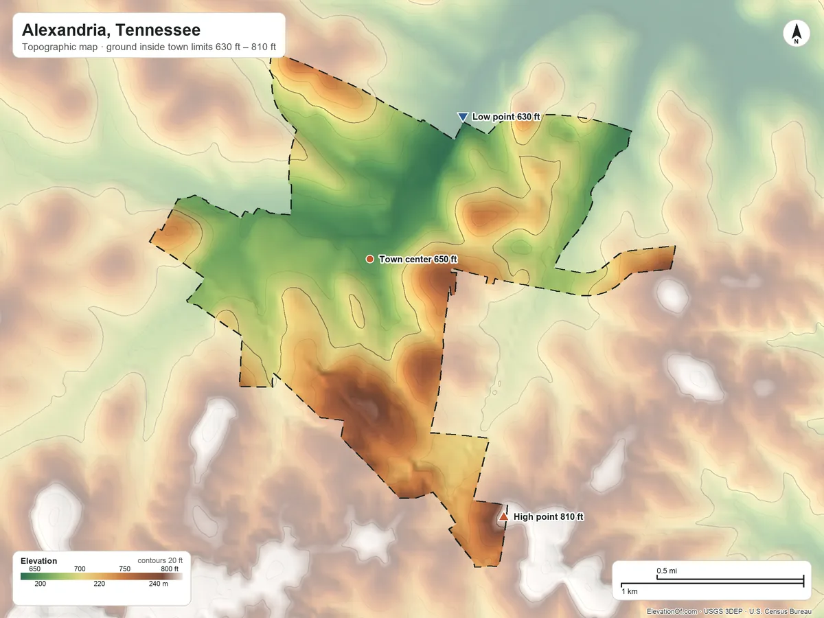 Topographic elevation map of Alexandria, Tennessee, shaded from 630 ft on the northeast side to 810 ft on the southeast side
