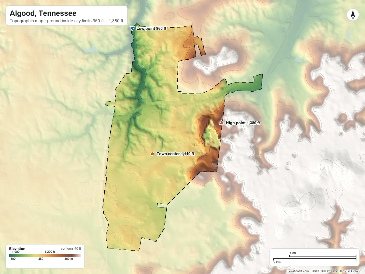 Topographic elevation map of Algood, Tennessee, shaded from 960 ft on the north side to 1,380 ft on the northeast edge, below higher ground just outside