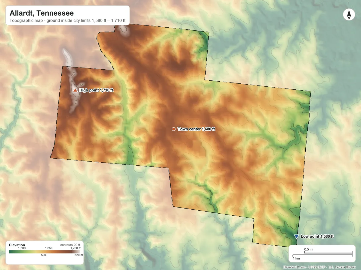 Topographic elevation map of Allardt, Tennessee, shaded from 1,580 ft on the southeast side to 1,710 ft on the west side