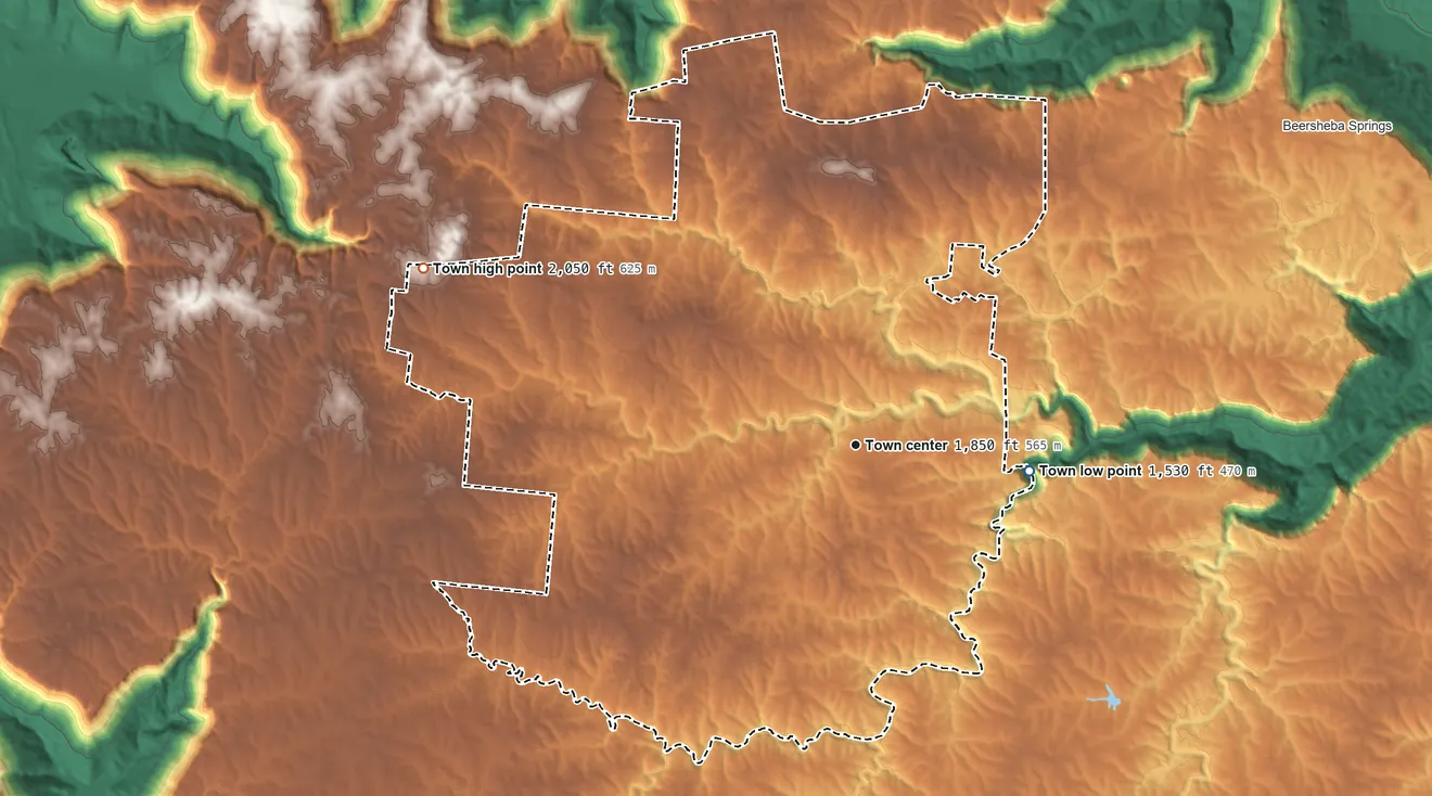 Topographic elevation map of Altamont, Tennessee, shaded from 1,530 ft on the east side to 2,050 ft on the west side