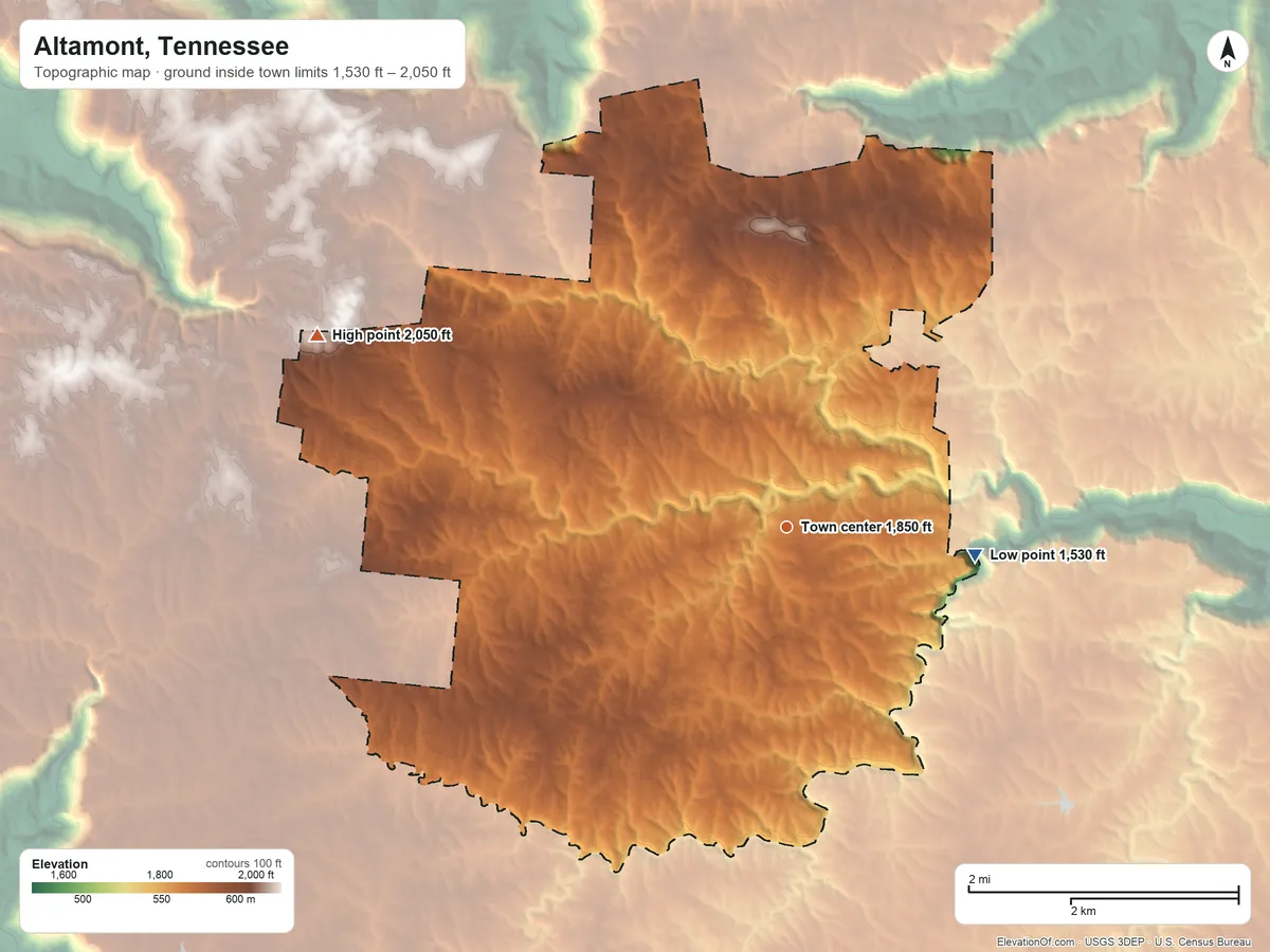 Topographic elevation map of Altamont, Tennessee, shaded from 1,530 ft on the east side to 2,050 ft on the west side