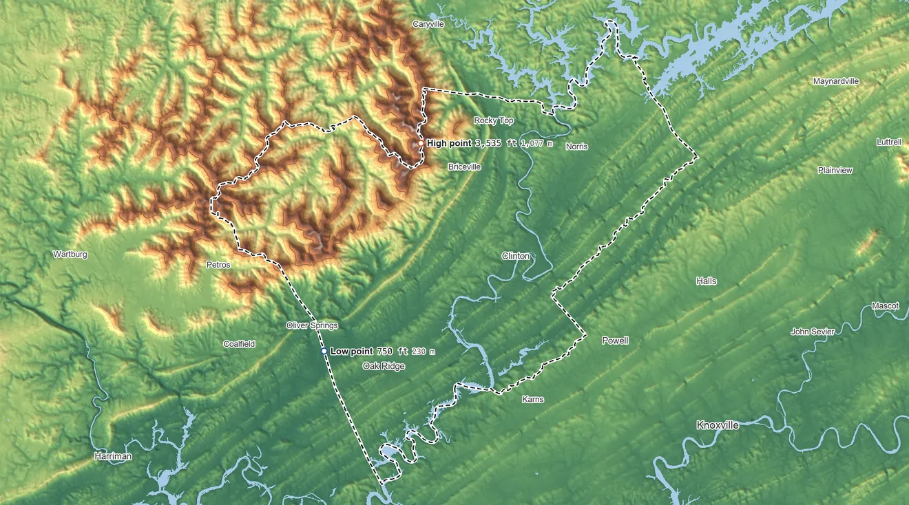 Topographic elevation map of Anderson County, Tennessee, shaded from 750 ft on the southwest side to 3,535 ft on Cross Mountain