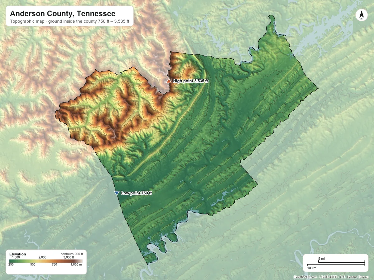 Topographic elevation map of Anderson County, Tennessee, shaded from 750 ft on the southwest side to 3,535 ft on Cross Mountain