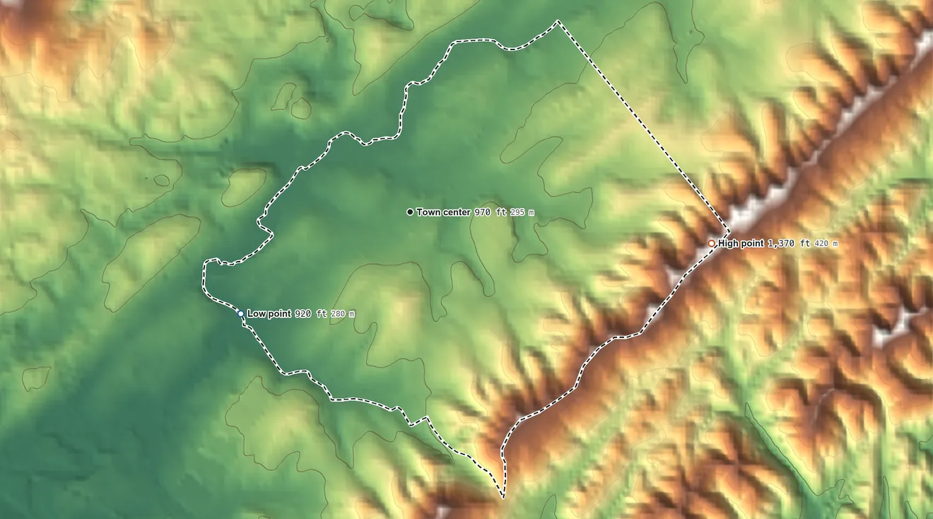 Topographic elevation map of Andersonville, Tennessee, shaded from 920 ft on the southwest side to 1,370 ft on the east side