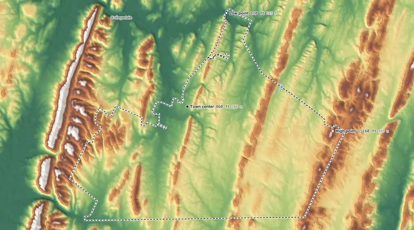 Topographic elevation map of Apison, Tennessee, shaded from 810 ft on the northeast side to 1,160 ft on the east side