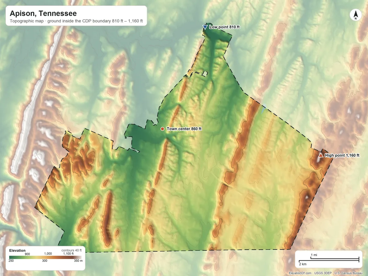 Topographic elevation map of Apison, Tennessee, shaded from 810 ft on the northeast side to 1,160 ft on the east side