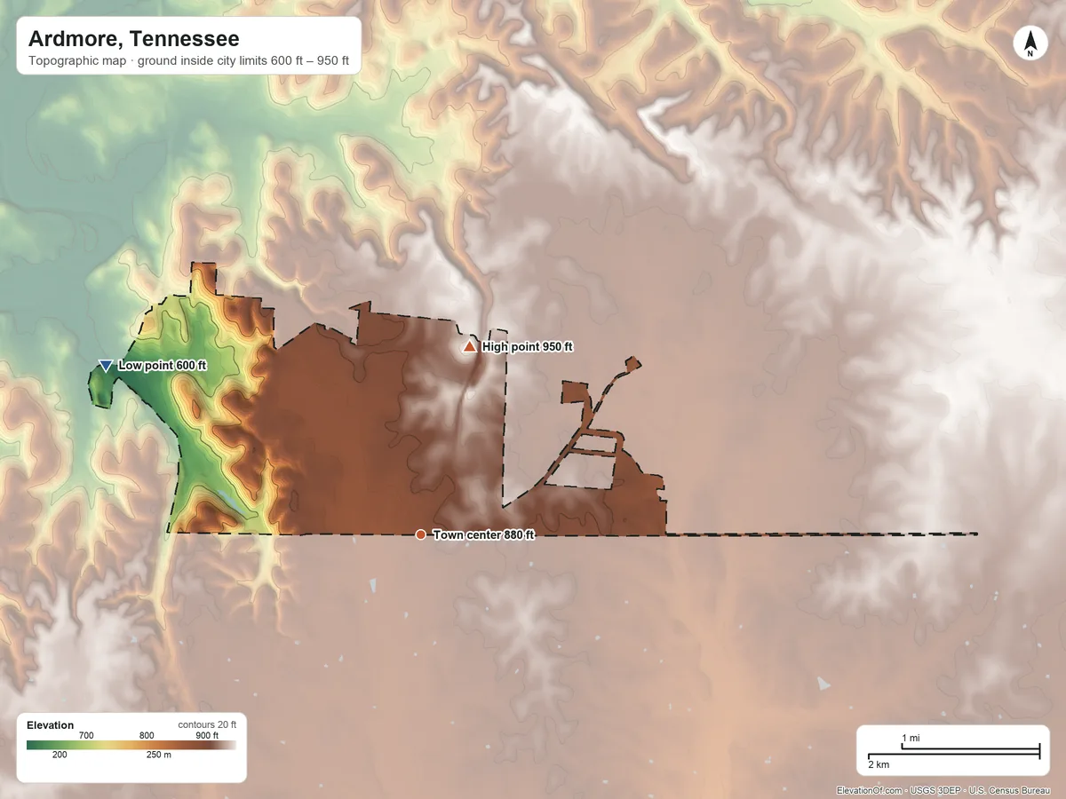 Topographic elevation map of Ardmore, Tennessee, shaded from 600 ft on the northwest side to 950 ft on the north side
