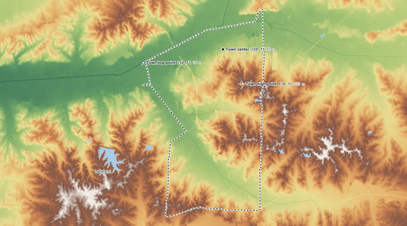 Topographic elevation map of Arlington, Tennessee, shaded from 240 ft on the west side to 410 ft on the southeast side
