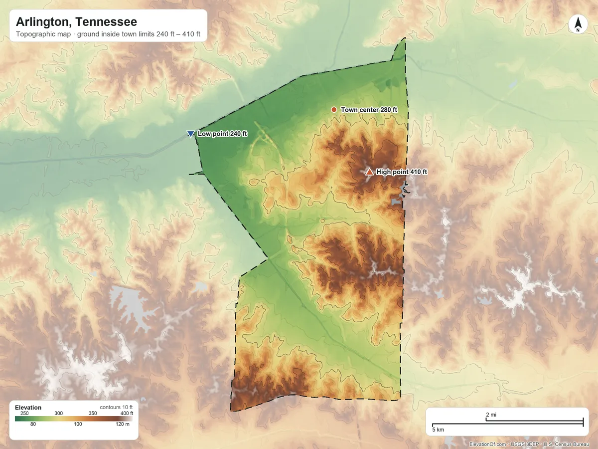 Topographic elevation map of Arlington, Tennessee, shaded from 240 ft on the west side to 410 ft on the southeast side