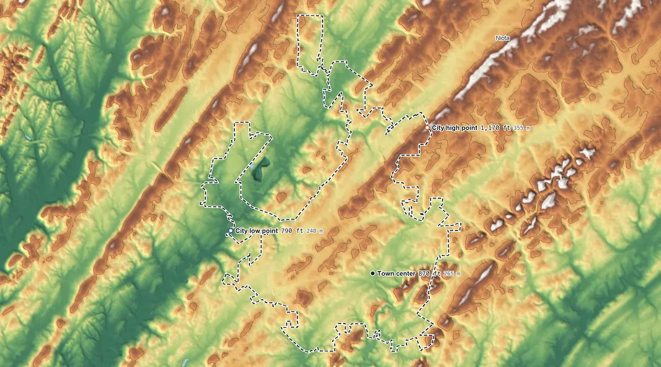 Topographic elevation map of Athens, Tennessee, shaded from 790 ft on the west side to 1,170 ft on the north side