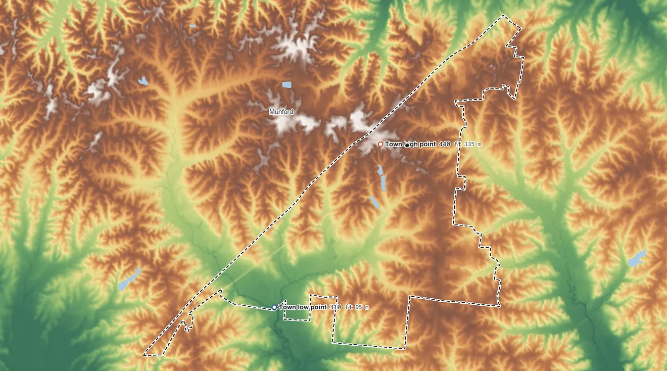Topographic elevation map of Atoka, Tennessee, shaded from 310 ft on the southwest side to 440 ft near the middle