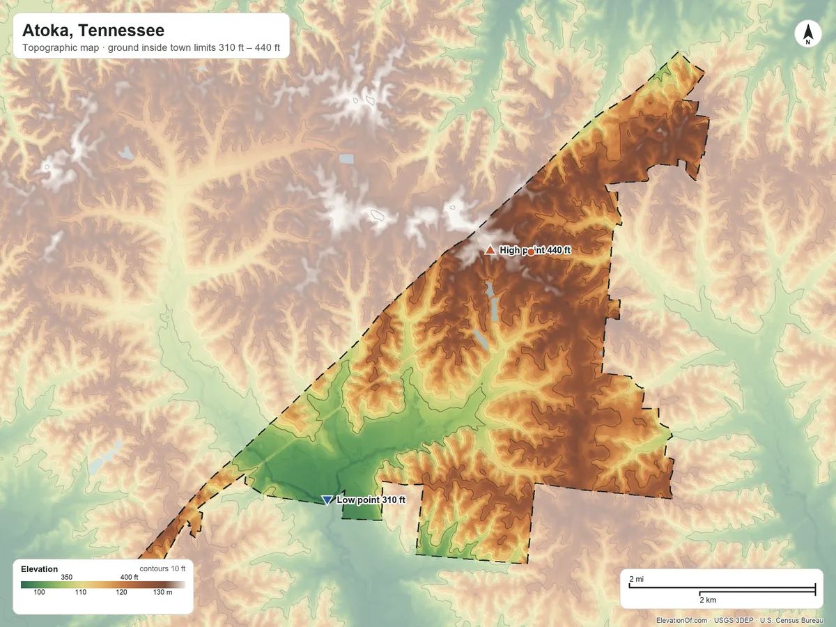 Topographic elevation map of Atoka, Tennessee, shaded from 310 ft on the southwest side to 440 ft near the middle
