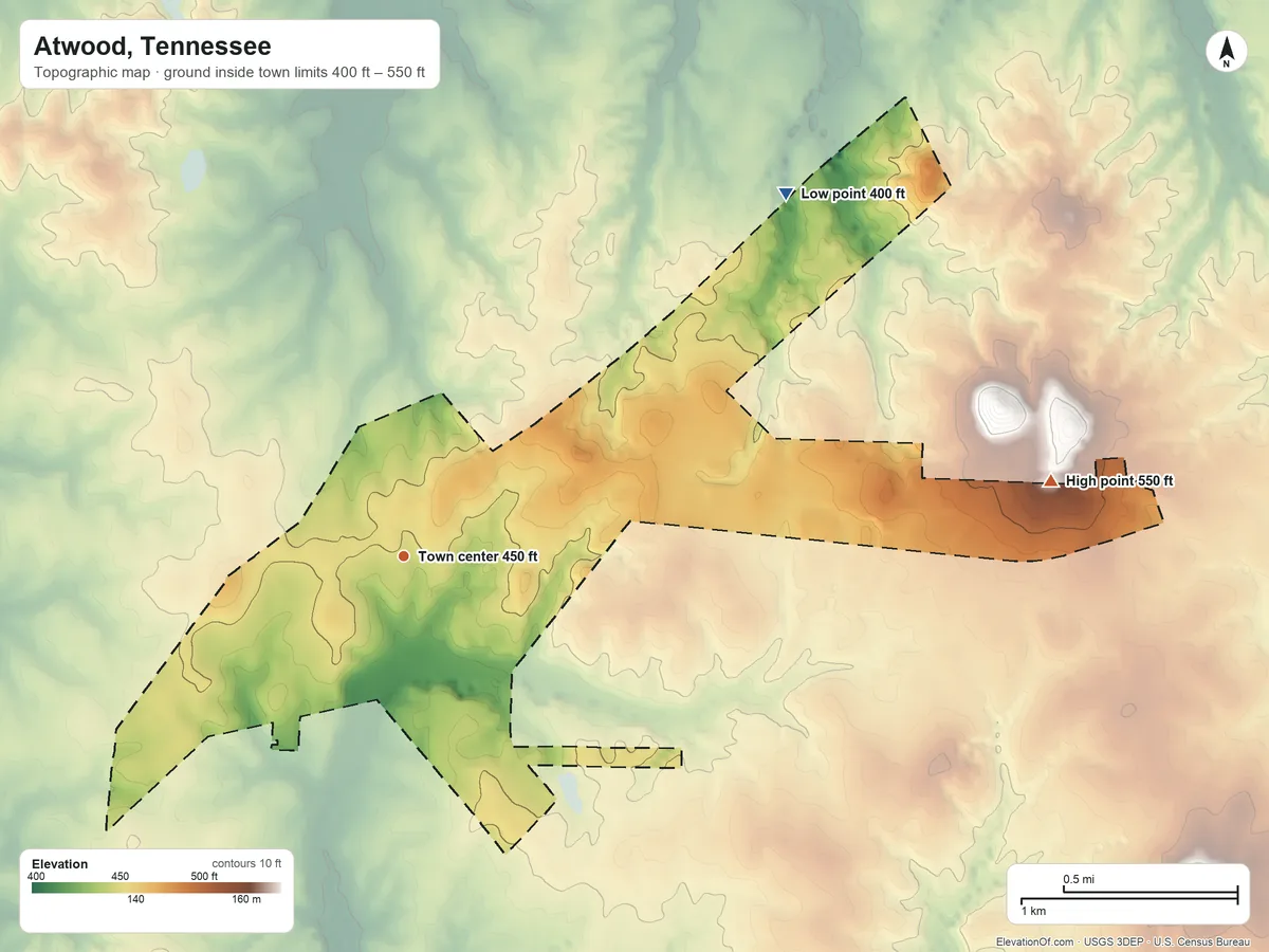 Topographic elevation map of Atwood, Tennessee, shaded from 400 ft on the northeast side to 550 ft on the east side