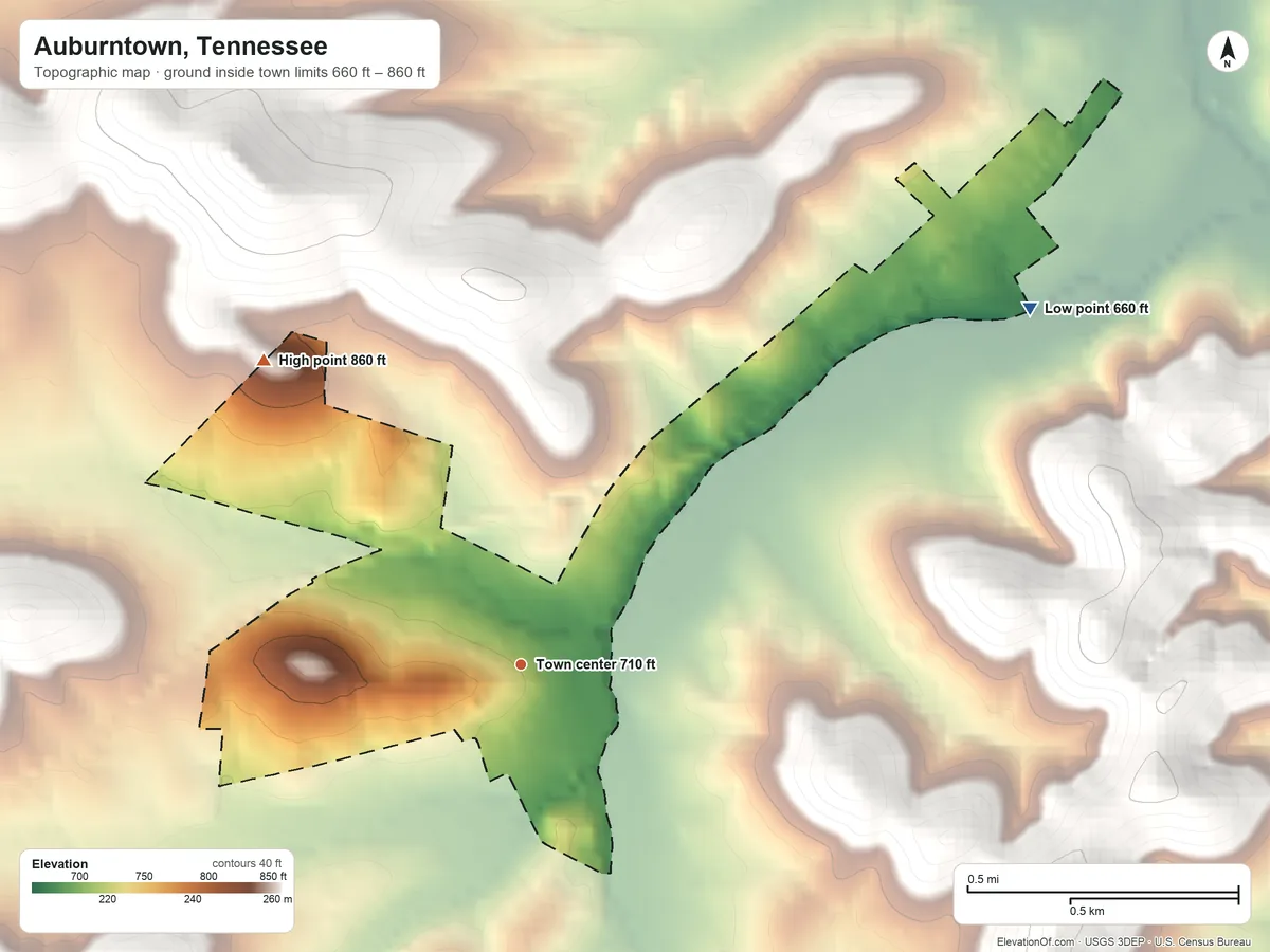 Topographic elevation map of Auburntown, Tennessee, shaded from 660 ft on the northeast side to 860 ft on the northwest edge, below higher ground just outside