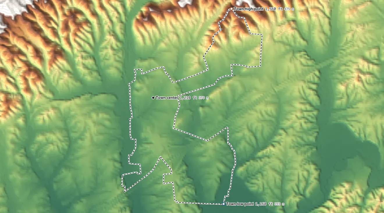 Topographic elevation map of Baileyton, Tennessee, shaded from 1,160 ft on the southeast side to 1,560 ft at the foot of the Graysburg Hills
