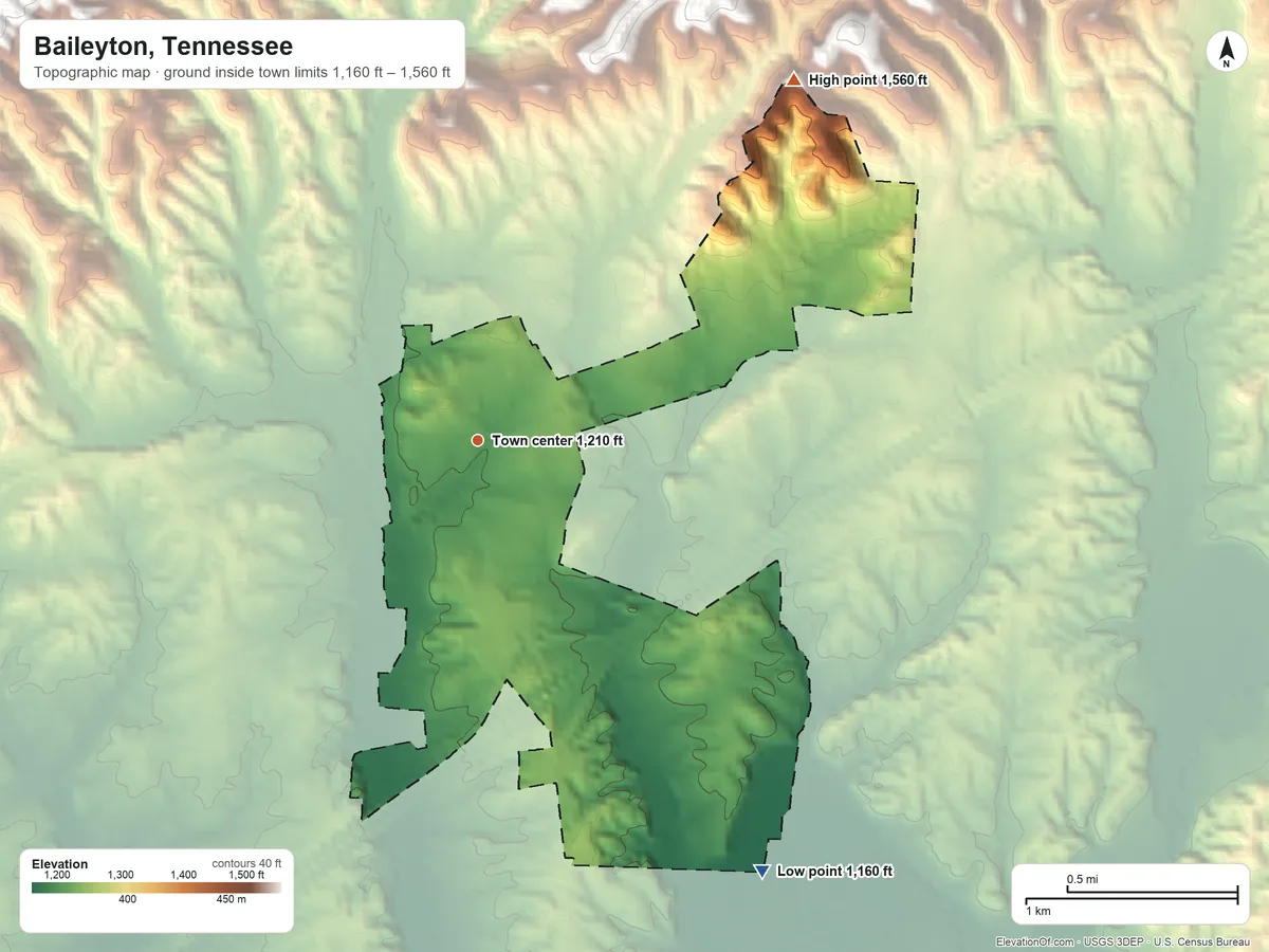 Topographic elevation map of Baileyton, Tennessee, shaded from 1,160 ft on the southeast side to 1,560 ft at the foot of the Graysburg Hills