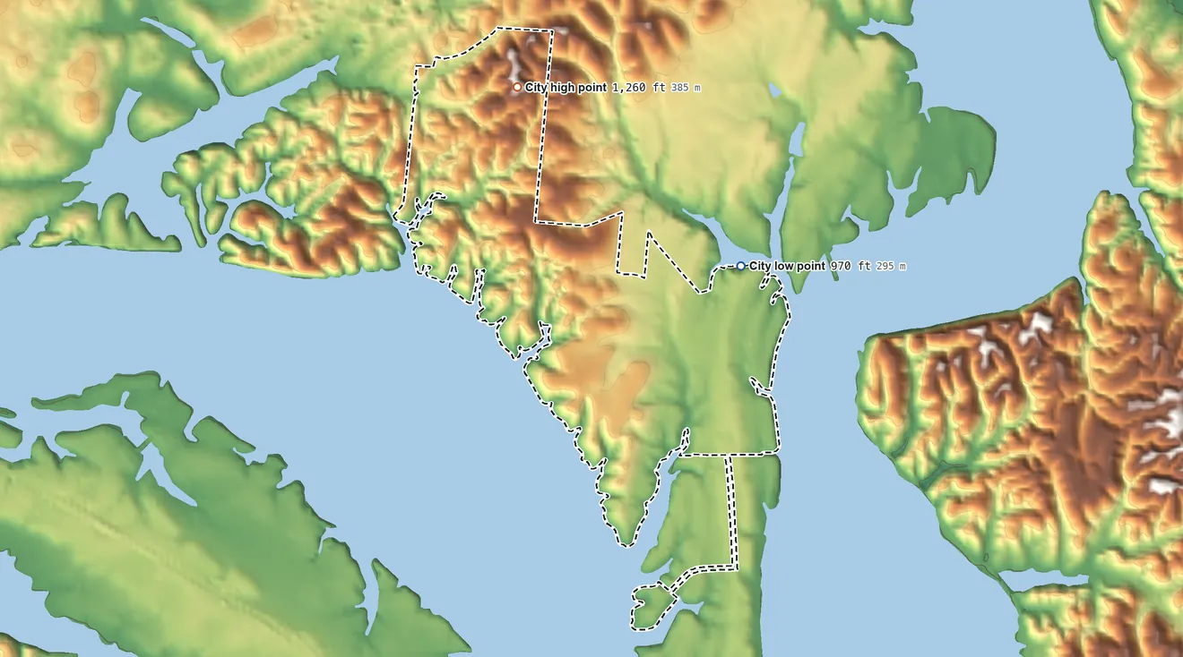 Topographic elevation map of Baneberry, Tennessee, shaded from 970 ft on the northeast side to 1,260 ft on the northwest side