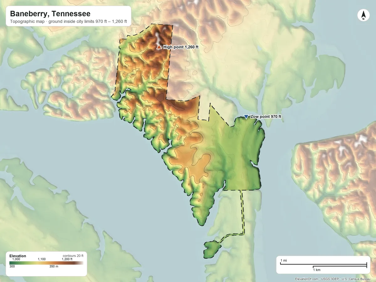 Topographic elevation map of Baneberry, Tennessee, shaded from 970 ft on the northeast side to 1,260 ft on the northwest side