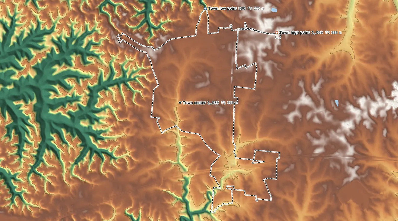 Topographic elevation map of Baxter, Tennessee, shaded from 900 ft on the north side to 1,090 ft on the northeast side