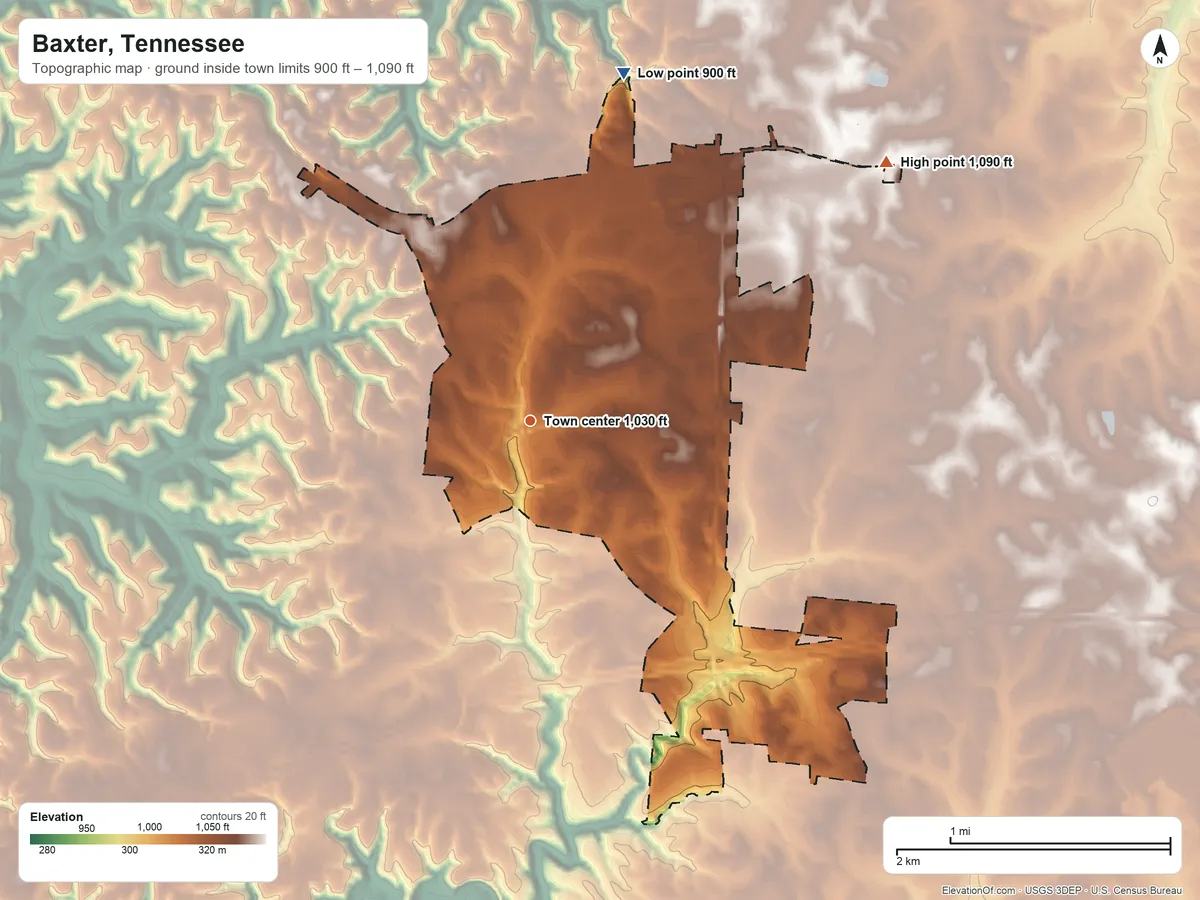 Topographic elevation map of Baxter, Tennessee, shaded from 900 ft on the north side to 1,090 ft on the northeast side