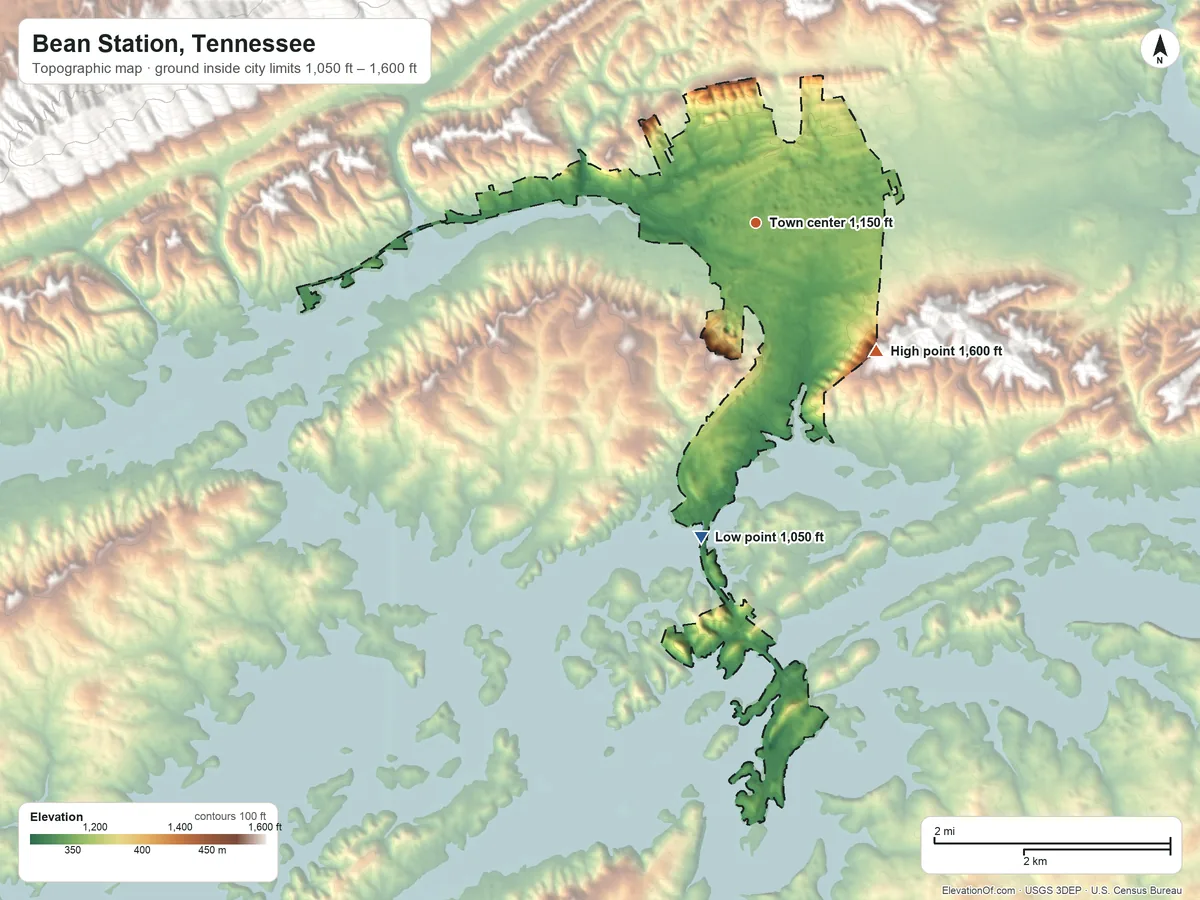 Topographic elevation map of Bean Station, Tennessee, shaded from 1,050 ft on the south side to 1,600 ft at the foot of the Clinch Mountain