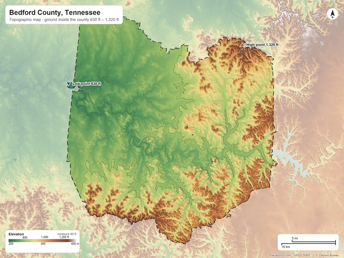 Topographic elevation map of Bedford County, Tennessee, shaded from 630 ft on the northwest side to 1,320 ft on the northeast side