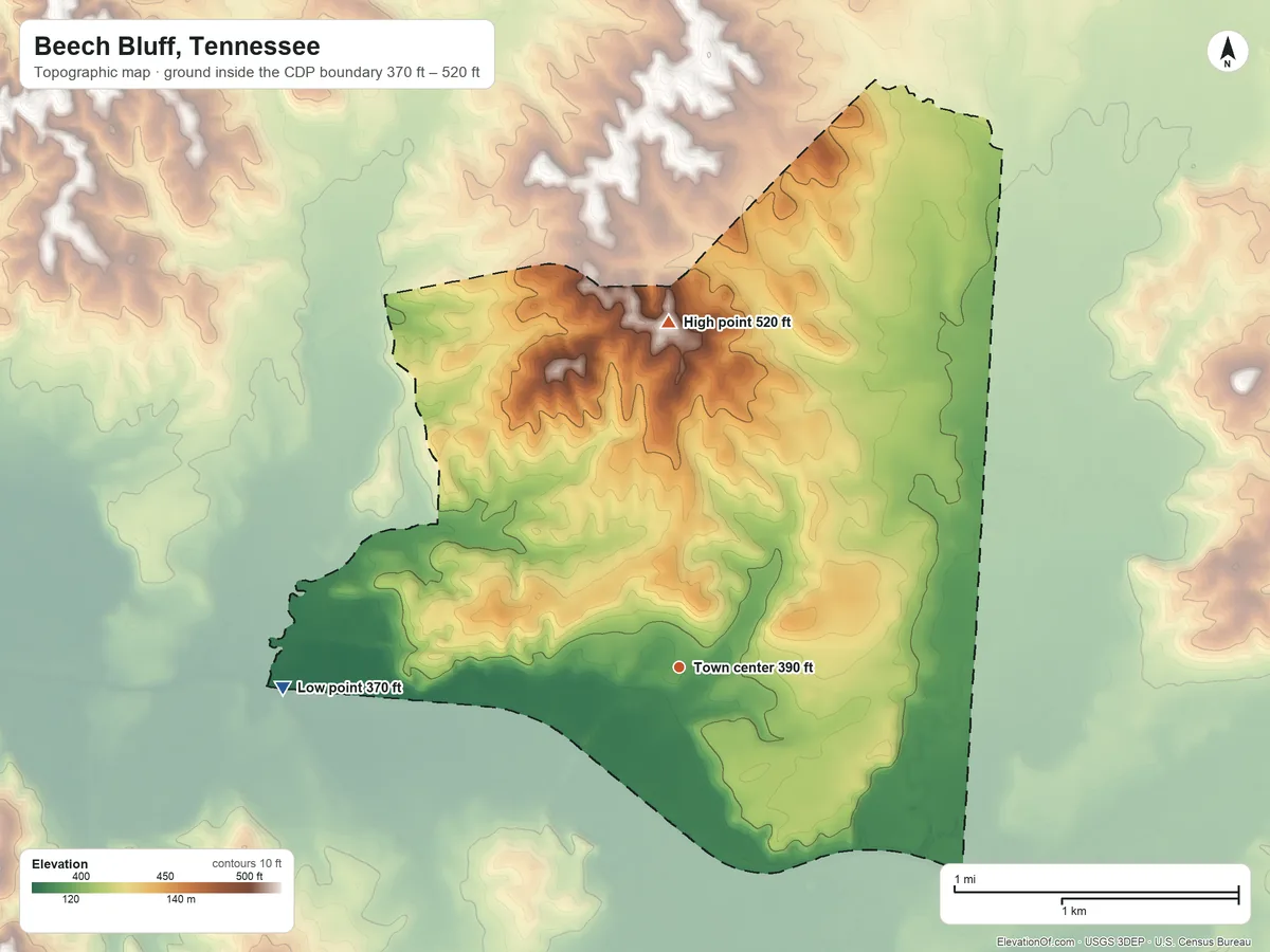 Topographic elevation map of Beech Bluff, Tennessee, shaded from 370 ft on the west side to 520 ft on the north side