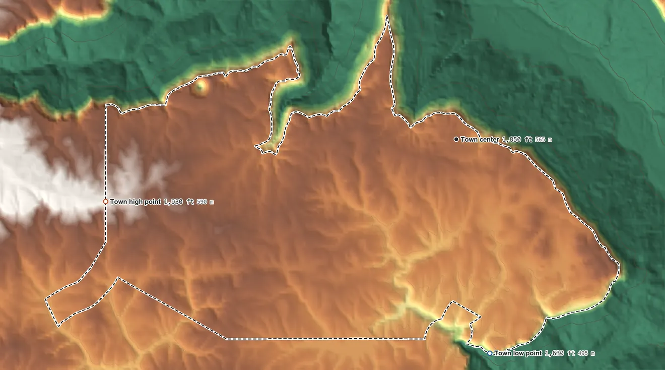 Topographic elevation map of Beersheba Springs, Tennessee, shaded from 1,630 ft on the south side to 1,930 ft on the west side