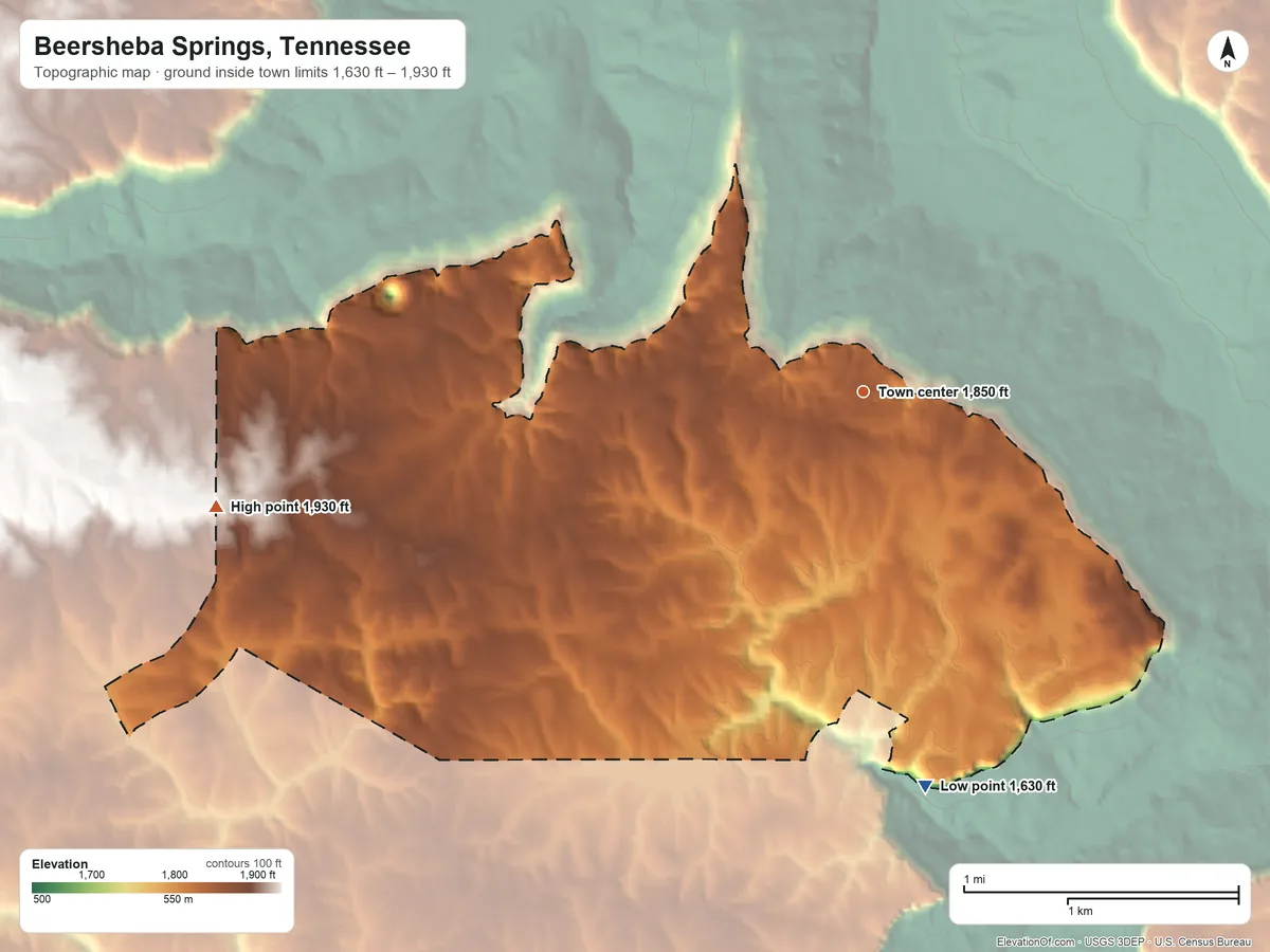 Topographic elevation map of Beersheba Springs, Tennessee, shaded from 1,630 ft on the south side to 1,930 ft on the west side