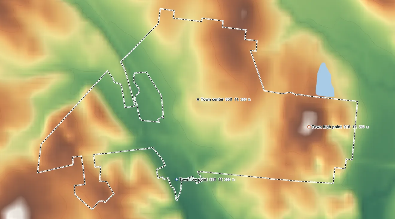 Topographic elevation map of Bell Buckle, Tennessee, shaded from 830 ft on the south side to 910 ft on the east side