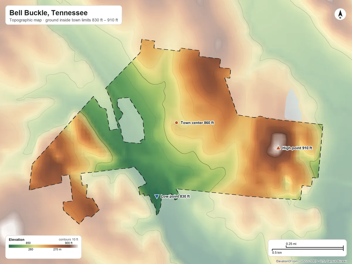 Topographic elevation map of Bell Buckle, Tennessee, shaded from 830 ft on the south side to 910 ft on the east side