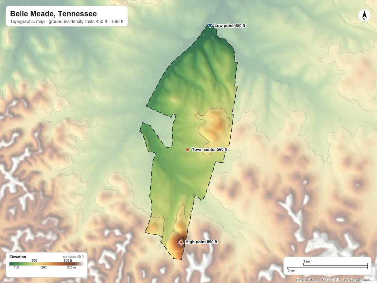 Topographic elevation map of Belle Meade, Tennessee, shaded from 450 ft on the north side to 890 ft on the south side