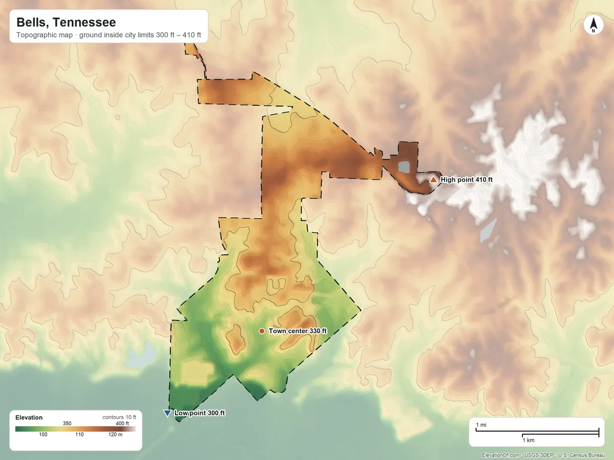 Topographic elevation map of Bells, Tennessee, shaded from 300 ft on the southwest side to 410 ft on the northeast side