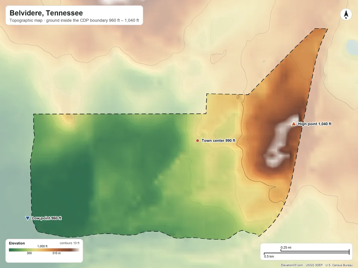 Topographic elevation map of Belvidere, Tennessee, shaded from 960 ft on the southwest side to 1,040 ft on Liechty Hill