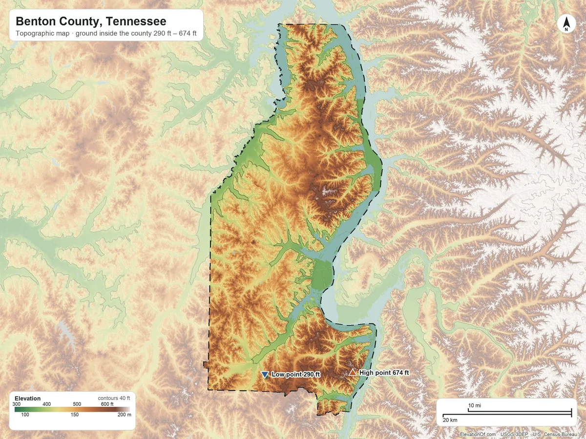 Topographic elevation map of Benton County, Tennessee, shaded from 290 ft on the south side to 674 ft on Ward Hill