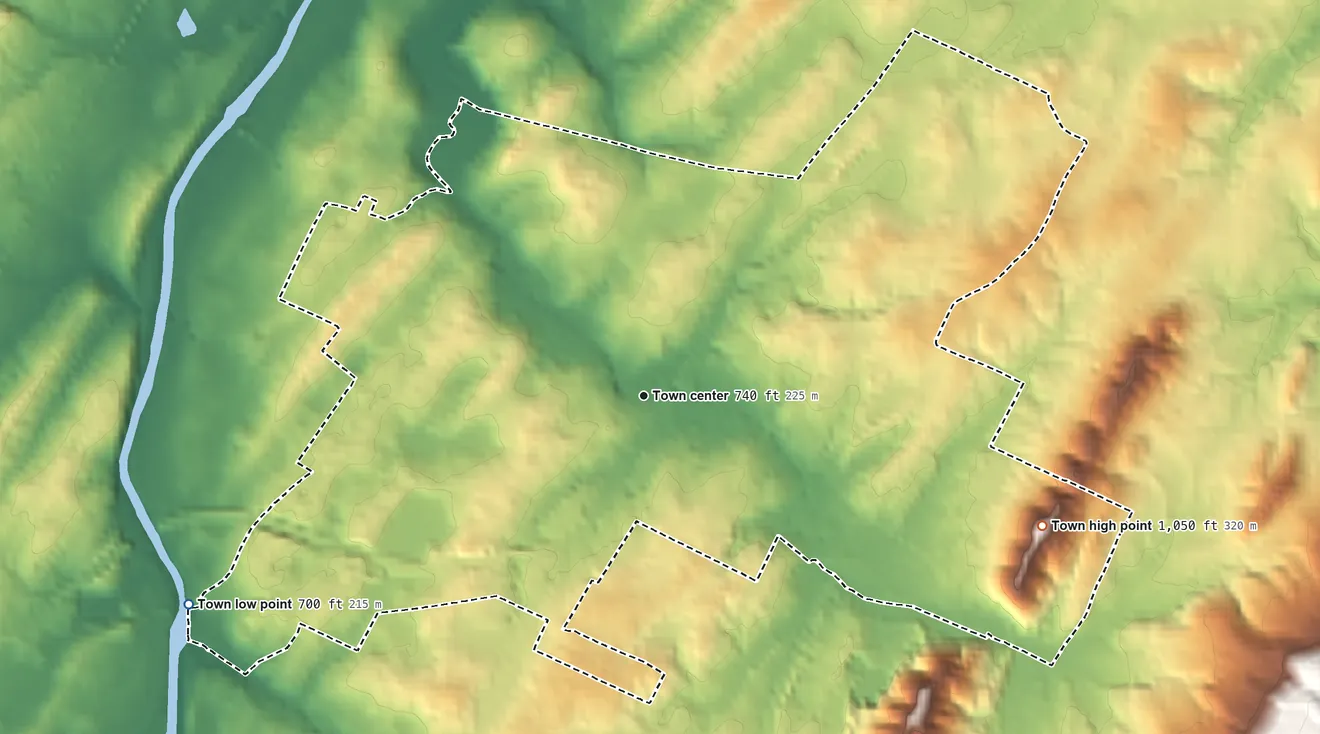 Topographic elevation map of Benton, Tennessee, shaded from 700 ft on the southwest side to 1,050 ft on Little Mountain