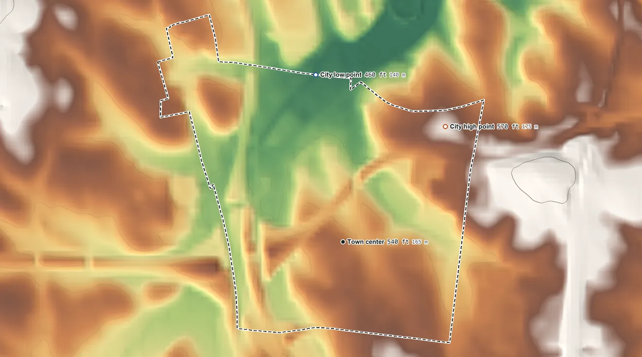 Topographic elevation map of Berry Hill, Tennessee, shaded from 460 ft on the north side to 570 ft on the northeast side